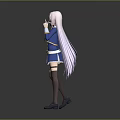 Anime Style Game Character With White Long Hair Red Accessory Blue Uniform And Waving Hand