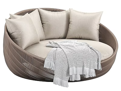 Round Woven Rattan Outdoor Sofa With Beige Cushions And Gray Throw Blanket 3d model