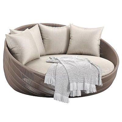 Round Woven Rattan Outdoor Sofa With Beige Cushions And Gray Throw Blanket 3d model