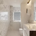 Modern Bathroom Interior With Marble Walls Double Sinks Large Mirror And Glass Shower