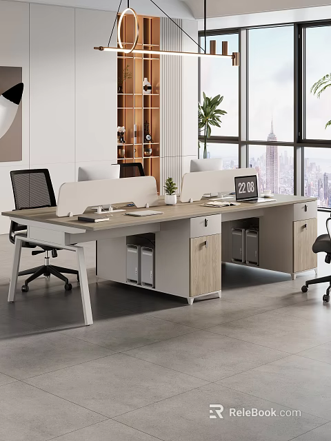 Modern Public Office Workspace With Partitioned Desks Office Chairs Potted Plants And City View Windows 3d model 