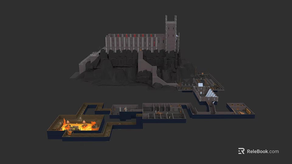Garden Landscape Design With Castle Structures Stone Steps And Illuminated Paths 3d model 