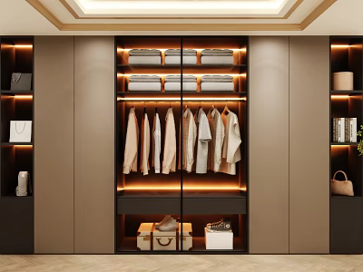 Modern Wardrobe Interior Design With Hanging Clothes Folded Storage And LED Lighting 3d model