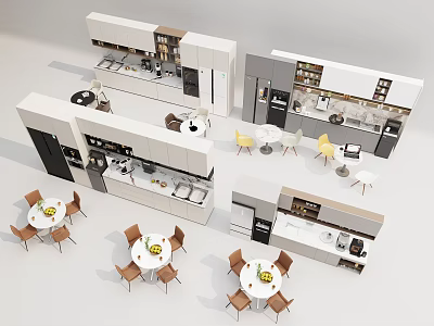 Modern Tea Room Open Design With White Cabinets Dining Tables Chairs Coffee Machine And Microwave 3d model