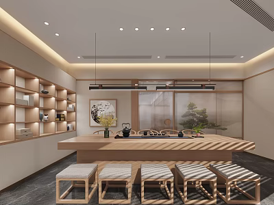 Traditional Chinese Tea Room Interior With Wooden Furniture And Decor 3d model