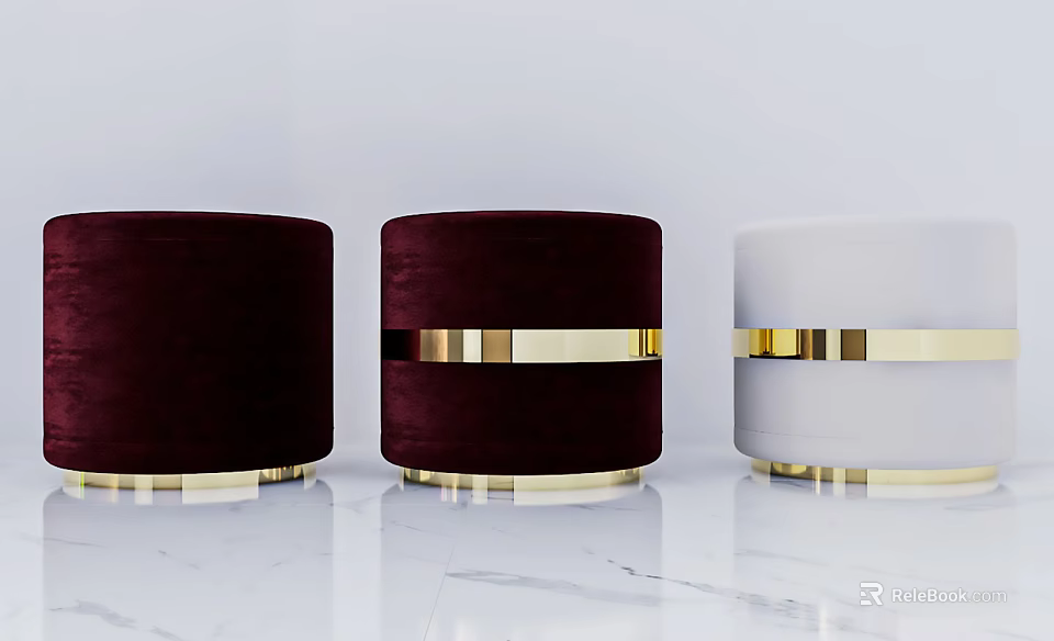 Velvet Sofa Stools With Burgundy And White Colors And Gold Accents Design 3d model 