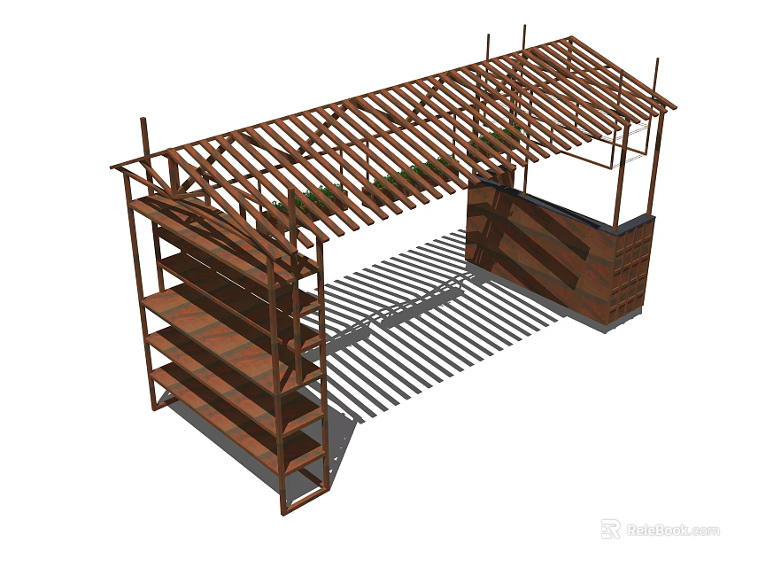 Wooden Multi Tiered Shelving Unit With Sturdy Frame For Storage 3d model