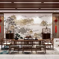 Traditional Office Interior Design With Red Frame Glass Doors Wooden Bookshelves And Bright Tile Flooring