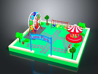 Luna Park Amusement Scene With Ferris Wheel Carousel Swings And Trees 3d model