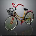 Bicycle With Yellow Frame Red Handlebars Black Basket Black Seat White Rims And Green Spokes