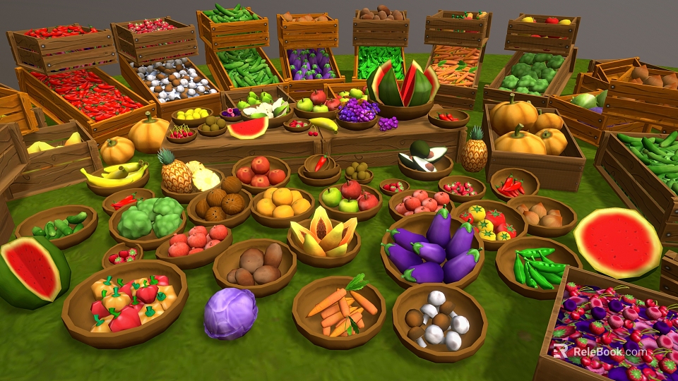 Fresh Assorted Fruits Displayed in Wooden Baskets and Bowls at Market Stall 3d model 