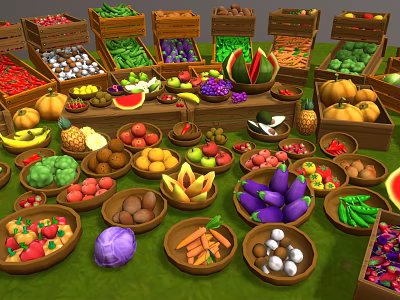 Fresh Assorted Fruits Displayed in Wooden Baskets and Bowls at Market Stall 3d model