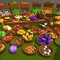 Fresh Assorted Fruits Displayed in Wooden Baskets and Bowls at Market Stall