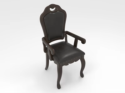Classic Armchair with Black Leather Upholstery Wooden Frame and Ornate Carved Details 3d model