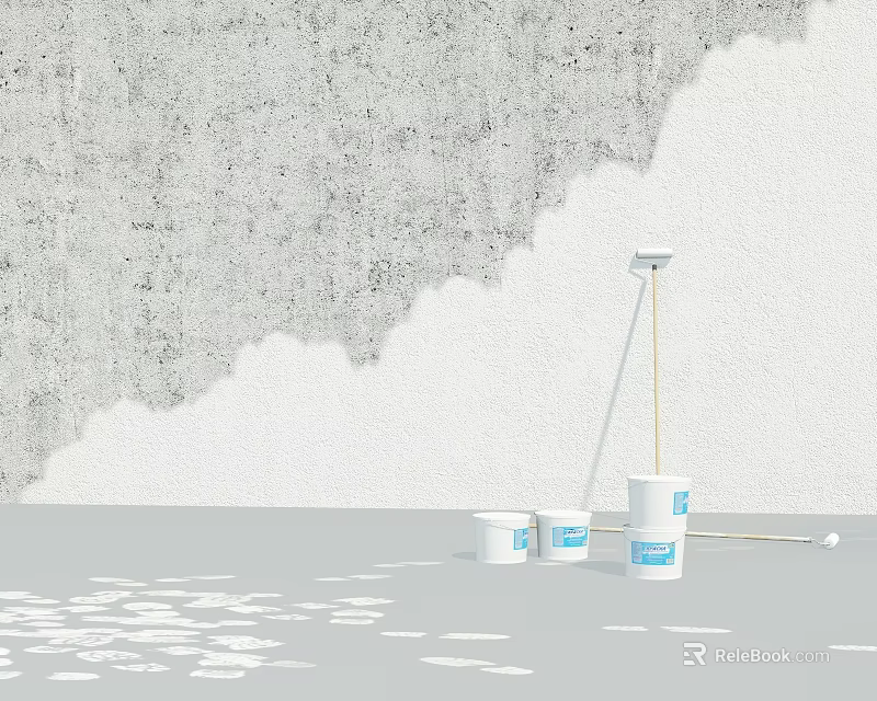Industrial Wall Coating Equipment with White Buckets Blue Labels and Long Pole Tool 3d model 