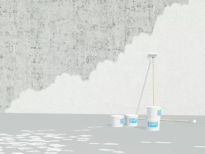 Industrial Wall Coating Equipment with White Buckets Blue Labels and Long Pole Tool 3d model