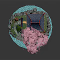 Cartoon Scene with Pink Cherry Blossom Tree Traditional Pavilion Rocky Base and Blue Water Pathway