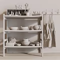 Rustic Wooden Shelving Unit Holding Bowls Mugs Plates and Hanging Aprons Against Dark Wall