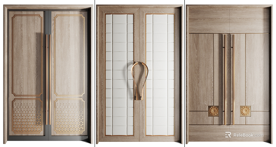 Elegant Modern Wooden Double Doors Featuring Glass Panel Golden Handle And Metal Accents 3d model 