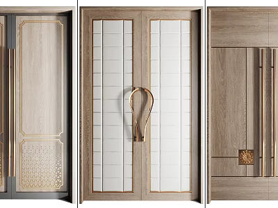 Elegant Modern Wooden Double Doors Featuring Glass Panel Golden Handle And Metal Accents 3d model