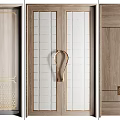 Elegant Modern Wooden Double Doors Featuring Glass Panel Golden Handle And Metal Accents