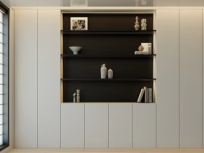 Modern Sideboard Design With White Cabinet Black Shelves And Decorative Items 3d model