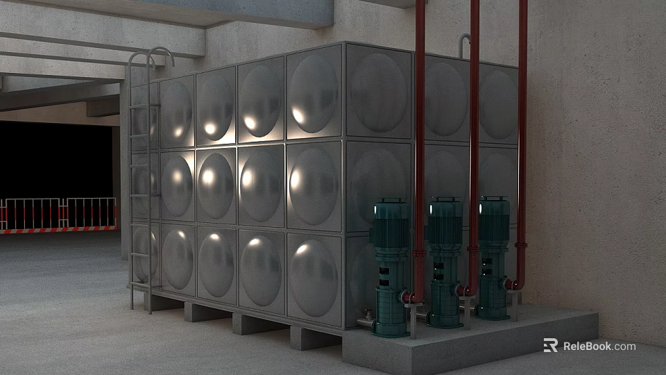 Construction Site Featuring Stainless Steel Water Tanks Green Pumps Red Pipes And Concrete Structure 3d model 