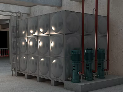 Construction Site Featuring Stainless Steel Water Tanks Green Pumps Red Pipes And Concrete Structure 3d model