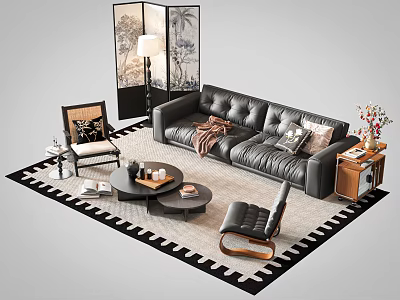 Modern Leather Sofa and Coffee Table Set with Armchair Rug Floor Lamp and Decorative Screen 3d model