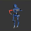 Blue Mechanical Robot Character With Red Arm Standing On Dark Reflective Surface