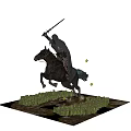 Hooded Figure Riding Leaping Horse Wielding Sword On Grass Patch With Yellow Light Orbs
