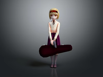 Anime Game Character With Blonde Hair Headband White Top Purple Skirt Holding Red Guitar Case 3d model