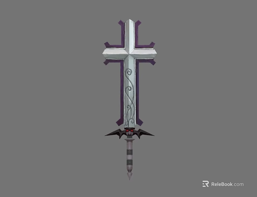 Silver Sword With Cross Shaped Hilt Purple Accents And Bat Wing Design 3d model 