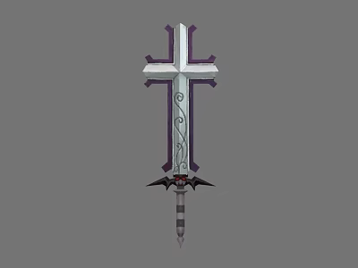 Silver Sword With Cross Shaped Hilt Purple Accents And Bat Wing Design 3d model