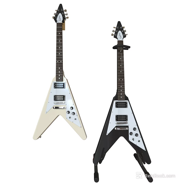 Black And White V Shaped Electric Guitars Musical Instruments With Stand Design 3d model 