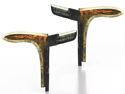 Two Ancient Bronze Weapons Featuring Ornate Decorative Patterns And Curved Blades 3d model