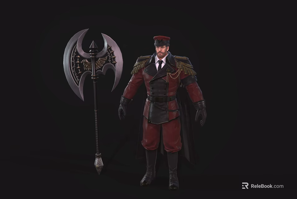 Dark Fantasy Military Character Wearing Red Black Coat With Cape And Giant Ornate Axe 3d model 