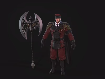 Dark Fantasy Military Character Wearing Red Black Coat With Cape And Giant Ornate Axe 3d model