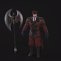 Dark Fantasy Military Character Wearing Red Black Coat With Cape And Giant Ornate Axe