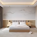 Elegant Modern Hotel Guest Room Interior With Marble Patterned Wall Double Bed And Bedside Lamps