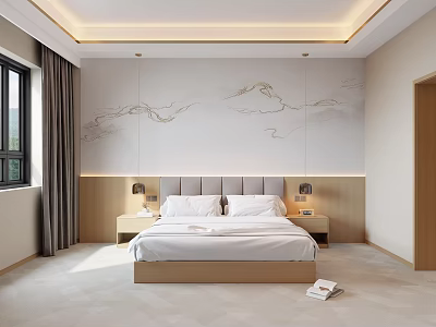 Elegant Modern Hotel Guest Room Interior With Marble Patterned Wall Double Bed And Bedside Lamps 3d model