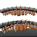 Double Curved Decorative Structure With Hanging Yellow Lanterns Red Blue Bars 3d model