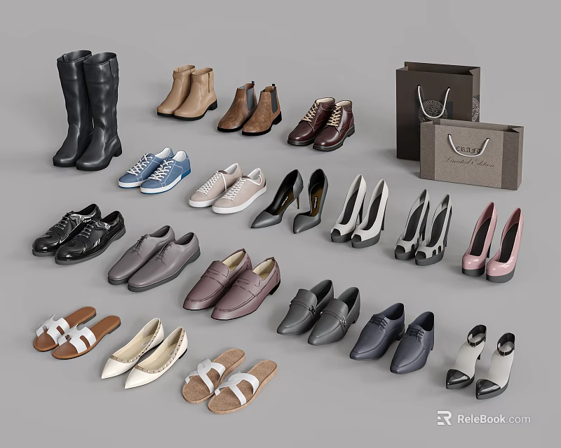 Diverse Stylish Shoes Collection Featuring Boots Sneakers Heels Flats Sandals And Shopping Bags 3d model 