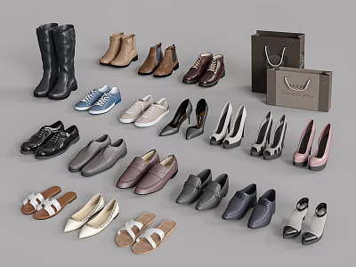 Diverse Stylish Shoes Collection Featuring Boots Sneakers Heels Flats Sandals And Shopping Bags 3d model