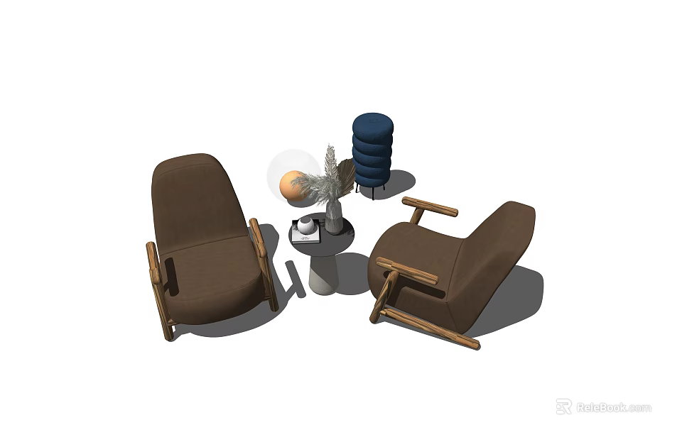 Leisure Sofa Set With Brown Chairs Small Round Table And Decorative Items 3d model
