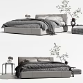 Modern Double Bed With Upholstered Headboard Soft Bedding Nightstand And Potted Plants 3d model