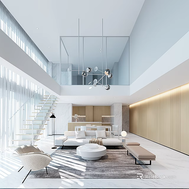 Modern Duplex Living Room With Staircase Light Fixtures And Modern Furniture 3d model 