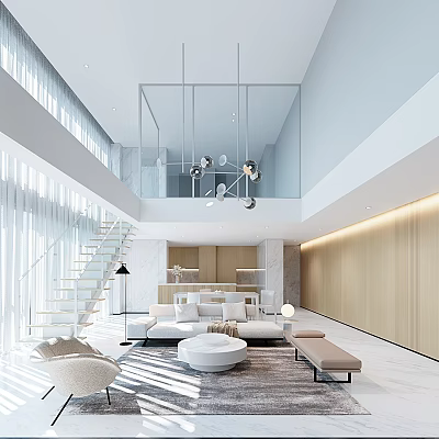 Modern Duplex Living Room With Staircase Light Fixtures And Modern Furniture 3d model