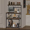 Multi Tier Wood And Metal Shelf With Coffee Machine Bags And Mugs In Kitchen