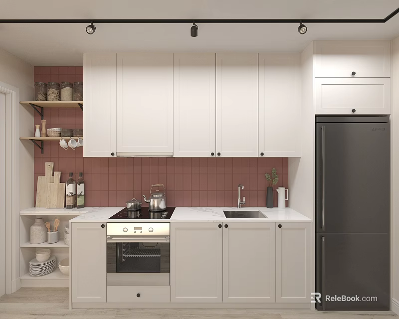 Modern Minimalist Kitchen Interior With White Cabinets Pink Tile Backsplash And Stainless Steel Refrigerator 3d model 